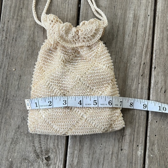 Vintage Valerie Stevens Beaded Drawstring Pouch Bag Ivory Cream Bridal Purse - Picture 6 of 10